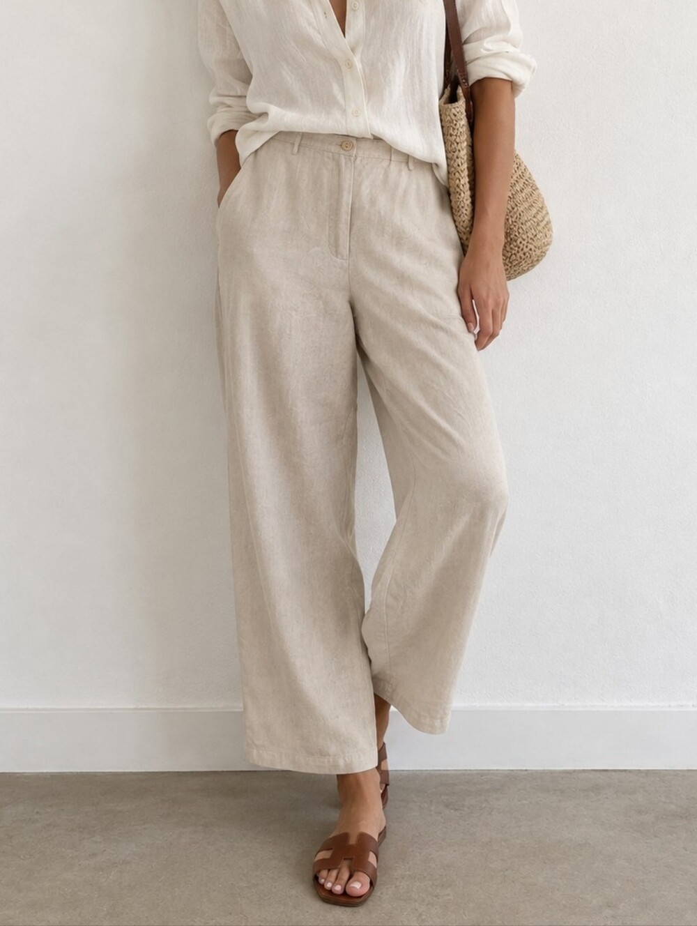 Vintage L.L.Bean 100% Linen Pants Beige Wide Leg Quiet Luxury